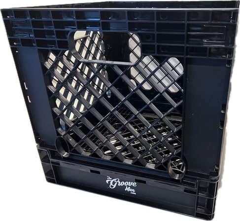 Close-up of Alexander The Crate’s branding with “The Groove Man” logo, emphasizing its stylish design for vinyl enthusiasts.