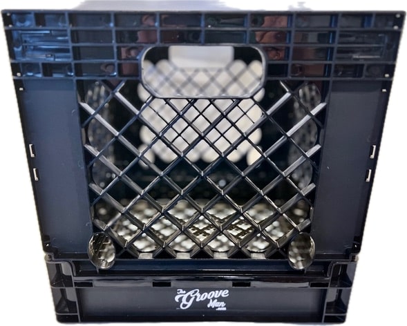 Front view of Alexander The Crate, a stackable and collapsible vinyl record storage crate designed for collectors and DJs.